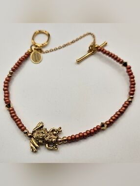Fucci Minnulli Gold Tone Frog Toad Beaded Bracelet Toggle Clasp 7.5" Statement
